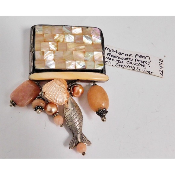 New‎ Amy Kahn Russell .925 Sterling Mother of Pearl Calcite Shell Pin - Picture 1 of 3